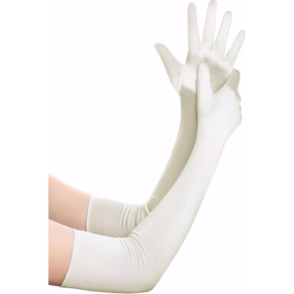 Women's Off-White Vintage Satin Long Gloves Party Costume Stretchy Elbow Length